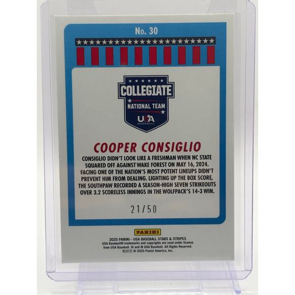 2025 Panini USA Stars and Stripes Baseball Cooper Consiglio Stars Parallel 21/50 - Picture 2 of 2